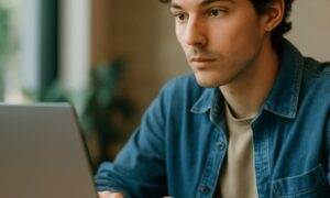 Uma pessoa jovem, sentada à mesa em um ambiente interno iluminado naturalmente, concentra-se enquanto digita em seu laptop, transmitindo foco e envolvimento