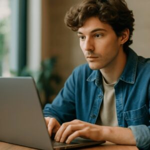 Uma pessoa jovem, sentada à mesa em um ambiente interno iluminado naturalmente, concentra-se enquanto digita em seu laptop, transmitindo foco e envolvimento