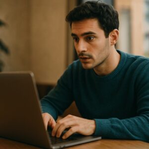 Uma pessoa concentrada trabalhando em seu laptop em um ambiente interno com iluminação natural suave e atmosfera acolhedora