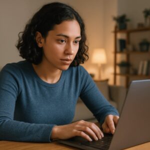 Pessoa concentrada usando laptop em casa, em ambiente acolhedor com luz natural suave e decoração minimalista