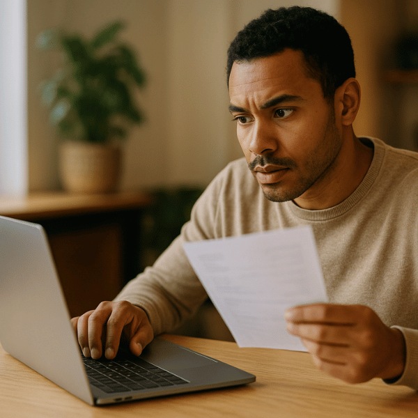 Pessoa sentada à mesa usando um laptop e segurando uma fatura, em ambiente interno bem iluminado, com expressão concentrada e naturalidade realista