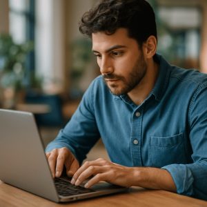 Uma pessoa concentrada usando um laptop em um ambiente interno iluminado por luz natural, com expressão atenta e postura profissional, transmitindo foco e seriedade em uma cena realista e envolvente.