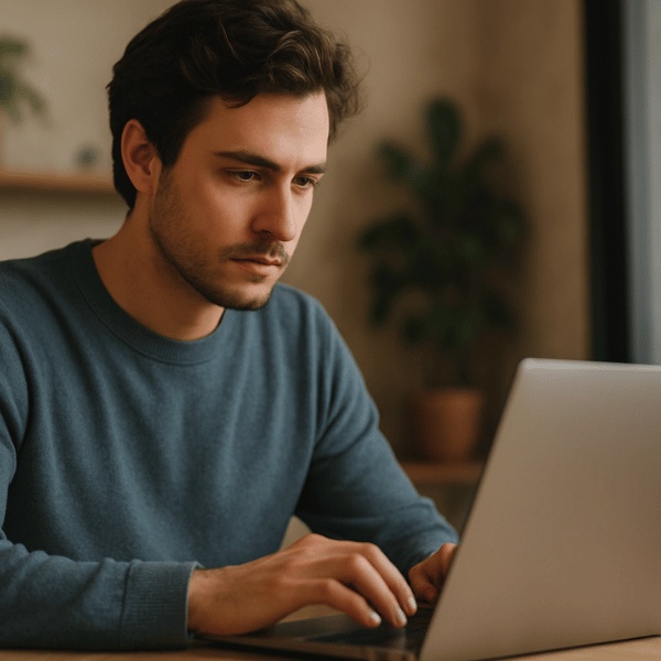 Uma pessoa concentrada digitando em seu laptop, vista em plano médio e ângulo levemente lateral, em um ambiente interno iluminado por luz natural suave, com clima profissional e realista