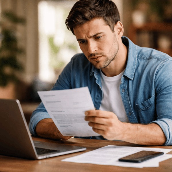 Pessoa sentada em uma mesa analisando uma fatura enquanto utiliza um notebook ao lado