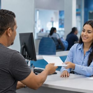 Uma pessoa recebe sua fatura de água durante atendimento em uma agência, em um ambiente moderno e institucional, com interação cordial entre cliente e atendente